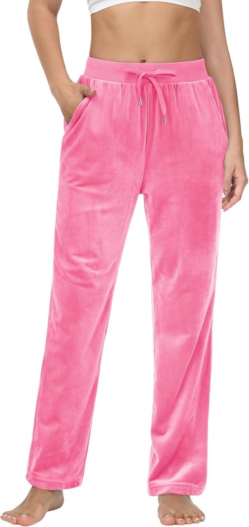 MAGCOMSEN Women's Velour Pants Soft Velvet Straight Leg Sweatpants Elastic Waist Warm Lounge Pant with Pockets (Pink, M)