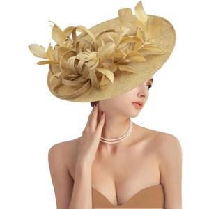 Dressfan Fascinator Hats for Women,Linen Vintage Feather Headwear for Derby/Church/Wedding/Cocktail/Tea Party (Beige), M26