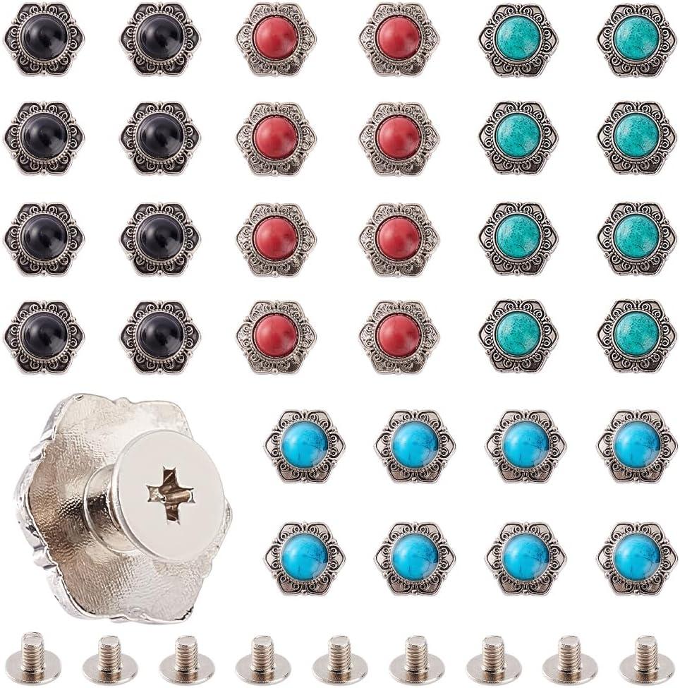 AHANDMAKER 32Pcs Decorative Screw Back Buttons, 4 Colors Vintage Synthetic Turquoise Buttons, Sunflower Decorative Buckle, Flower Screw Button for DIY Leather Craft