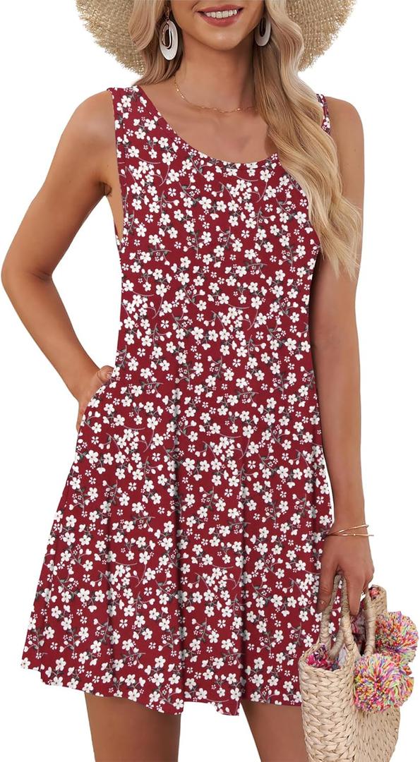 AUSELILY Women's Summer Dress Sleeveless Floral Mini Dresses with Pockets Bohemian Dress 2025 New (Red, L)