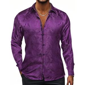 Hi-Tie Silk Mens Paisley Dress Shirts Casual Long Sleeve Button Down Regular Fit Shirts Formal Wedding Party Business, Purple,XXL