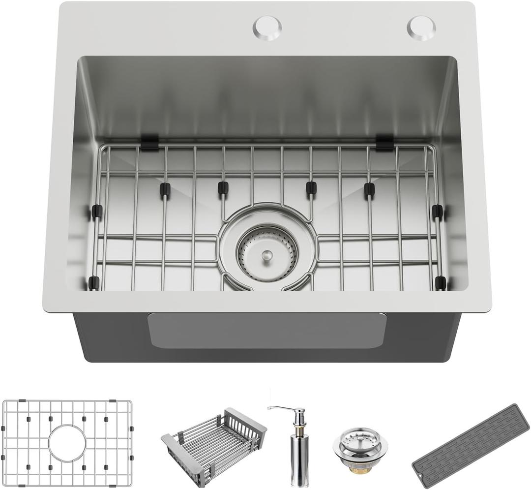 Kitchen And Bar Sink, 20x16 Inch Stainless Steel Drop In Modern Single Bowl Topmount Kitchen And Bar Sink Combo-SS Grid,Silicon Mat,Drain Strainer Set Compatibility With Various Kitchen&Bar Style, 18X12X9 Inches