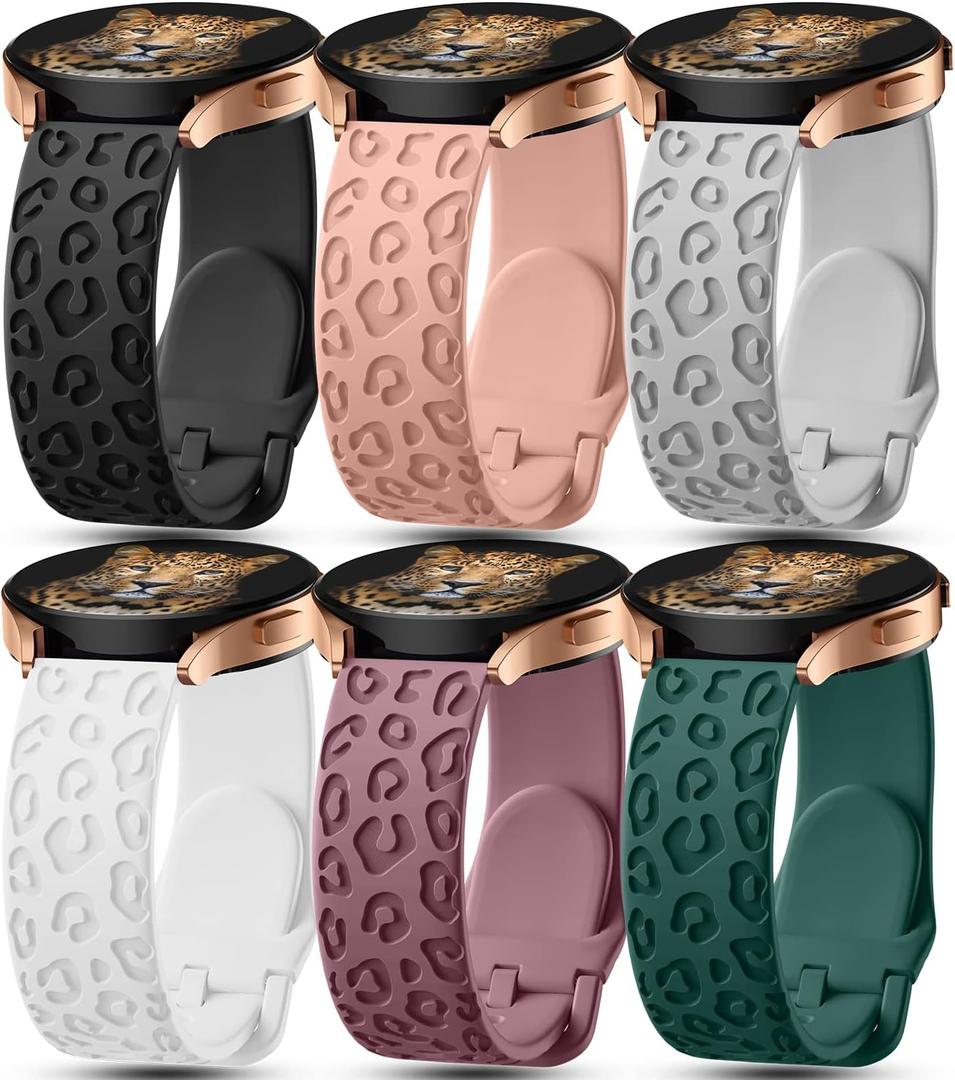 IKANFI 6Pack Engraved Band Compatible with Samsung Galaxy Watch 5 Band/Galaxy Watch 4 Bands/Galaxy Watch 3 Bands/Active 2 Watch Bands,20mm Leopard Silicone Sport Strap Replacement for Women Men (Black,Sand Pink,Grey,White,Smoke Purple,Blackish Green)