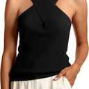MOHHOM Women's Halter Neck Crossover Sleeveless Ribbed Knit Tank Top Slim Fit Casual Summer Basic Top (Medium, Black)