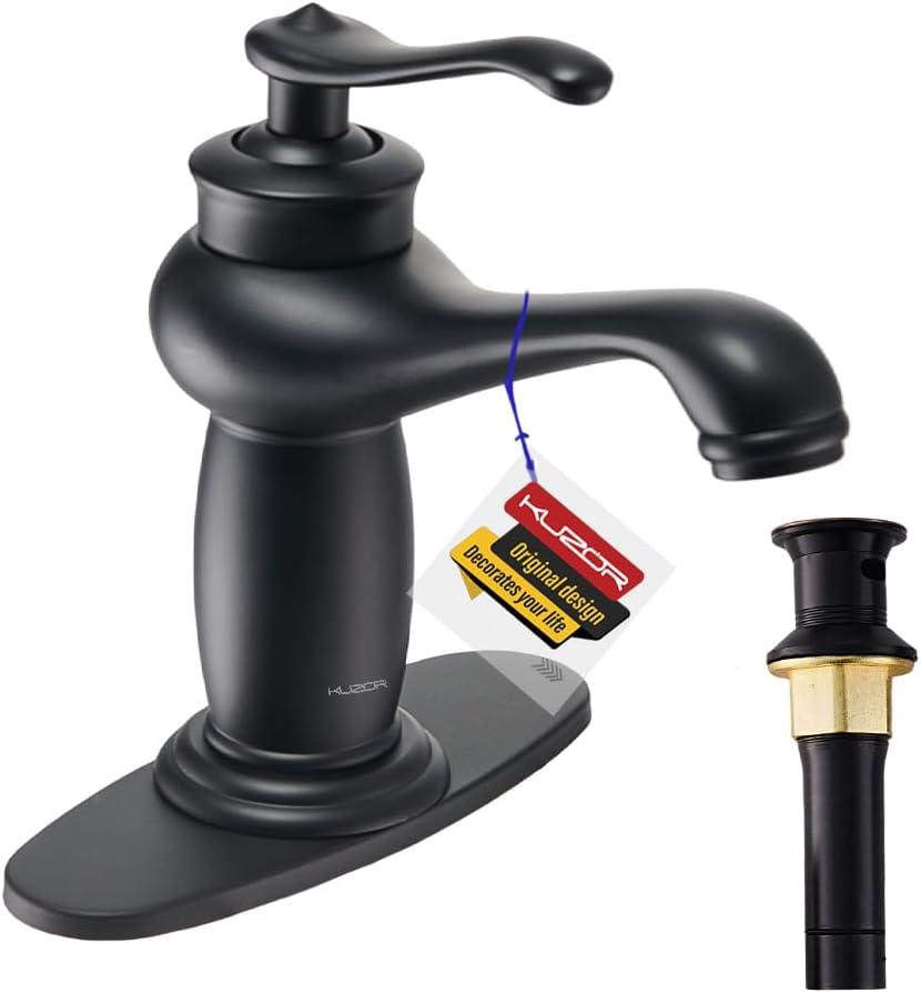 Single Hole Bathroom Faucet - Farmhouse Retro Sink Faucet with Matte Black Finish, Vintage Brass Design, 5-Minute Easy Installation for Bathroom Vanity/RV (Antique Style)
