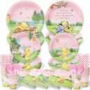 144Pcs Pink Winnie Bear Baby Shower Plates and Napkins Tableware Set, Plates Napkins Cups Straws and Forks Sets, Winnie Baby Shower Decorations Birthday Party Supplies, Serves 24 Guests