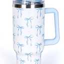 Whaline 40 Oz Blue Bow Tumbler with Handle Straw and Lid Bow-Knot Travel Coffee Tumbler Cup for Women Friend Holiday Birthday