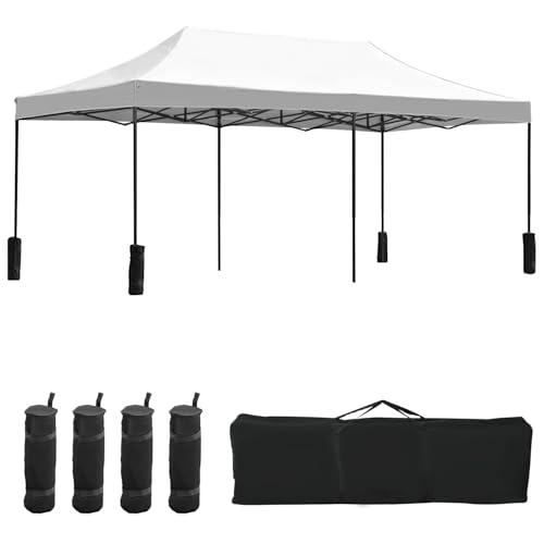 10x20fT Pop-Up Canopy Tent – Adjustable Height Outdoor Gazebo, Quick Setup with Sandbags, Ground Stakes & Ropes, Perfect for Outdoor Activities, White