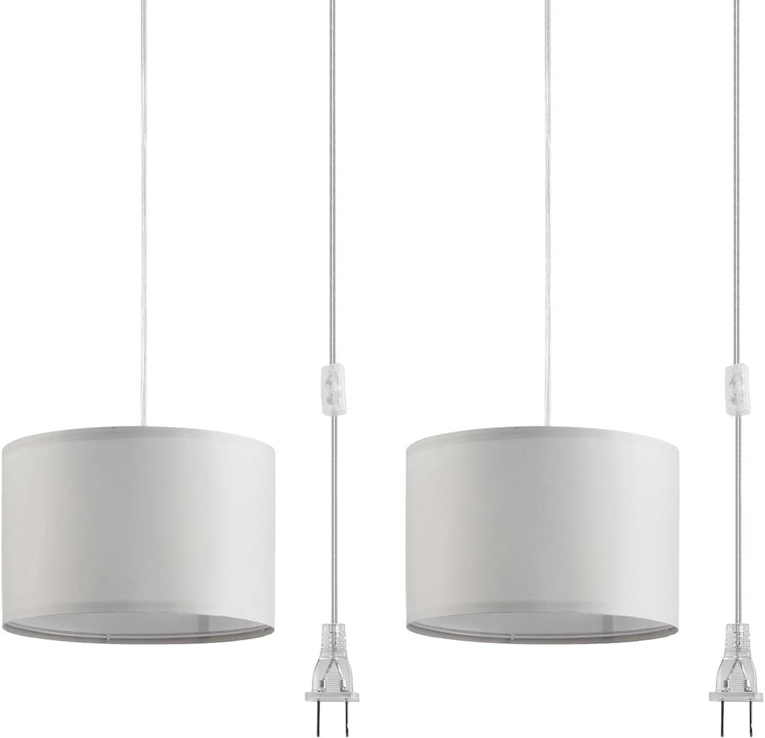 2 Pack Plug in Pendant Light, Hanging Light with 15Ft Clear Cord, On/Off Switch, French Grey Fabric Lamp Shade, Hanging Light Fixture for Bedroom, Kitchen, Living Room, Dining Table