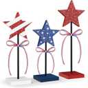 4th of July Tiered Tray Decor Wooden Star Set, 3 Pcs Memorial Day Table Decorations, Rustic Patriotic Tabletop Home Decor, Red White and Blue Decorations for Home (Shiny)