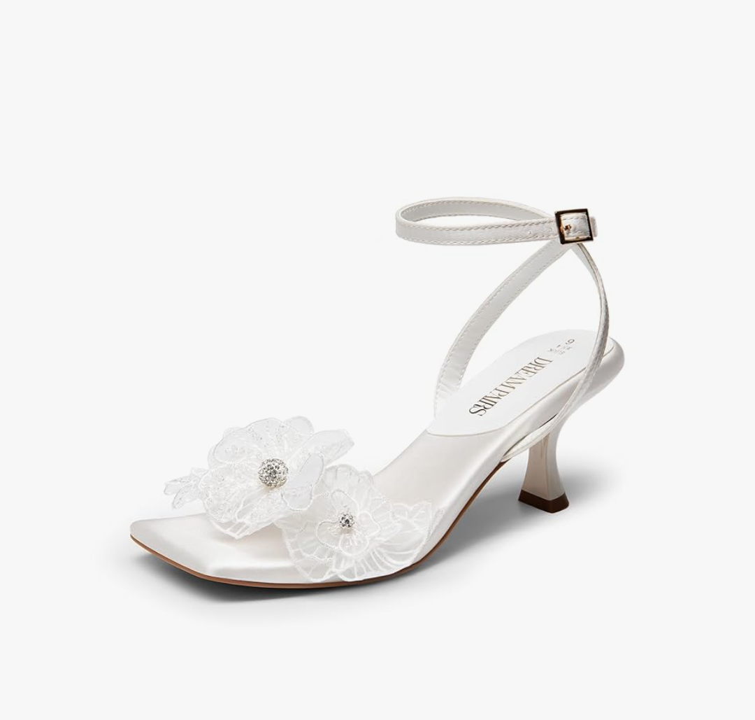 DREAM PAIRS Women's Flower Wedding Heels Cute Square Toe Slingback Low Kitten Heels Sandals with Ankle Strap 8