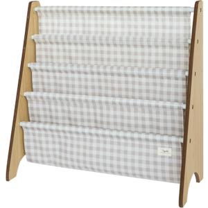 3 Sprouts Kids Bookshelf with Recycled Fabric - 4-Tier Sling Storage for Kids Rooms Holds 35 Titles - Toddler Organizer for Ages 3+ - Gingham Beige