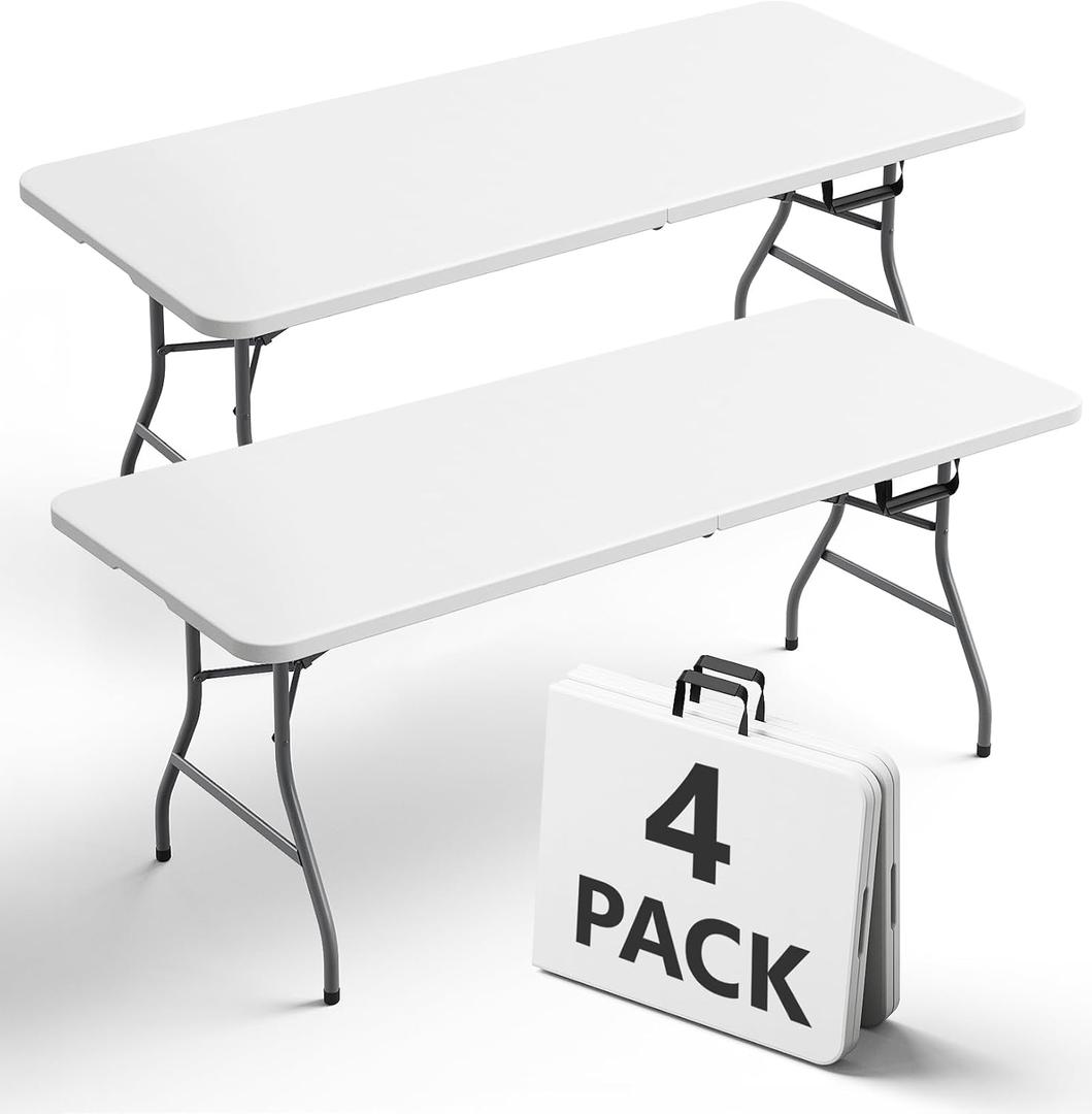 6FT Folding Table 4 Pack, Heavy Duty Plastic Table with Handel, 400lbs Portable Table, Reinforced Steel Legs, Fold-in-Half Table Ideal for Parties, Picnics, Weddings, Camping White