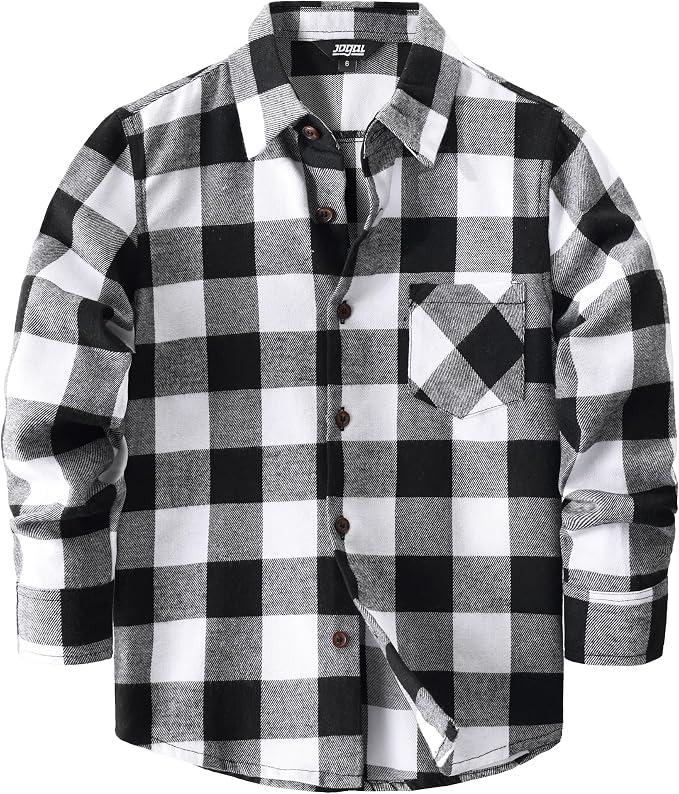 JOGAL Boys Plaid Shirt Long Sleeve Flannel Shirt Kids Button Down Shirts Black 10