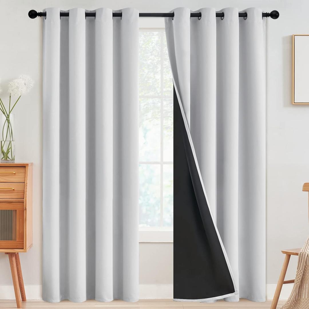 SimpleHome 100% Blackout Curtains for Bedroom,Thermal Insulated Grommet Window Drapes Room Darkening White Curtains for Living Room with Black Back,52 x 84 Inch,2 Panels