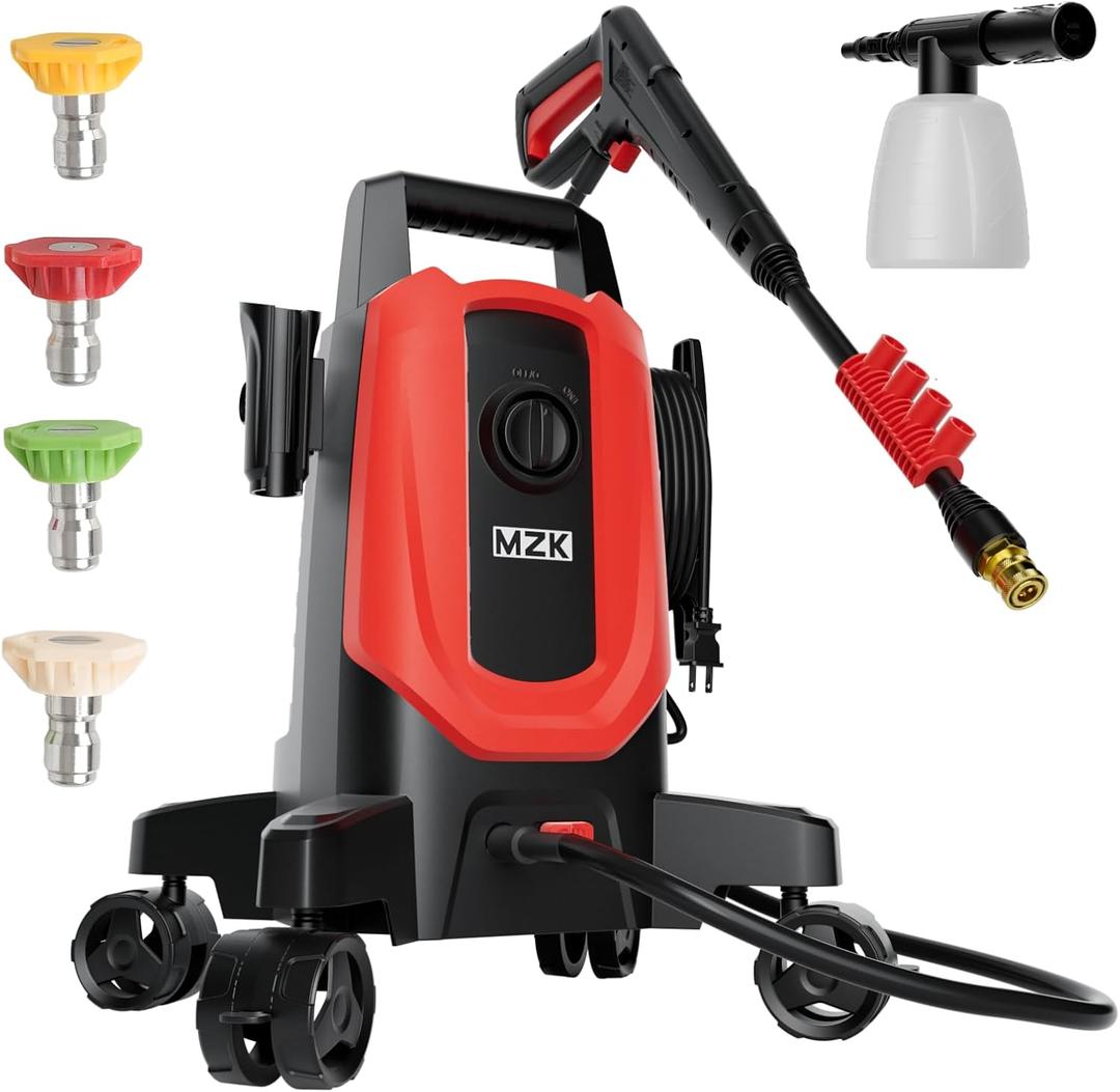 MZK Electric Pressure Washer, 3.0GPM Power Washer with 360 Lockable Wheels and 4 Quick-Connect Nozzles, Foam Cannon for Easy Replacement, High-Pressure Cleaning of Cars, Fences, Driveways (Red)