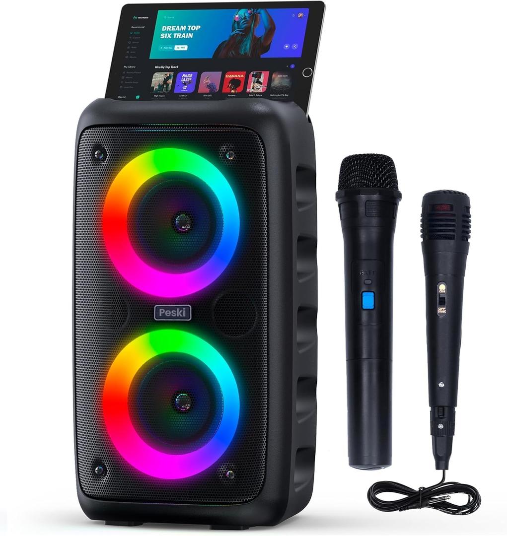 Karaoke Machine for Adults and Kids, Peski Portable Bluetooth Speaker with 1 Wireless Microphone and 1 Wired Mic, Rechargeable Powered Dj/PA Speaker System with TF Card, AUX in, REC, TWS for Birthday Party