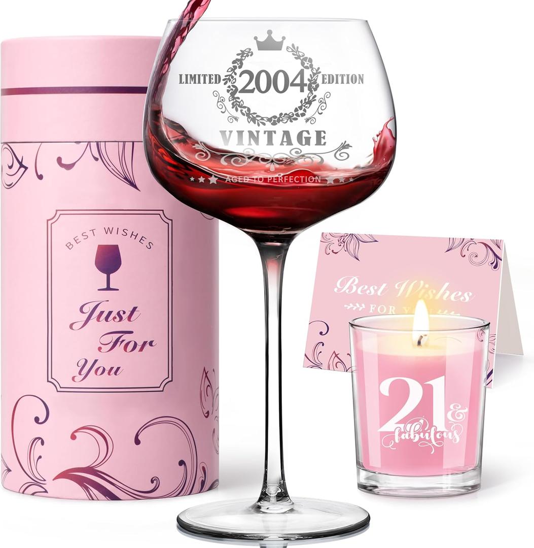 21st Birthday Gifts for Her, Vintage 2004 Engraved Wine Glass,Finally 21 Birthday Decorations, 21 Bday Gifts Idea For Women, Friends, Daughter, Sister Turning 21 Present
