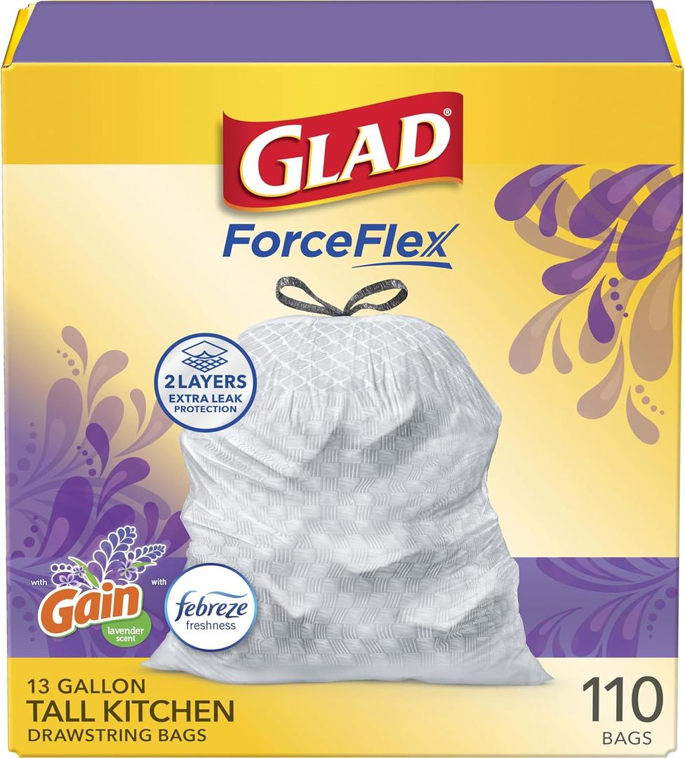 Glad ForceFlex Tall Kitchen Drawstring Trash Bags, 13 Gal, Gain Lavender, 110 Ct  