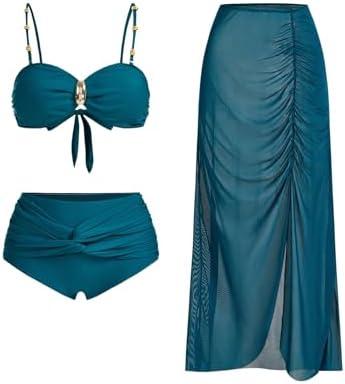 Milumia Women's 3 Piece Bikini Set Metal Decor Twisted Ruched Spaghetti Strap Bathing Suit with Cover Up Skirt Size M