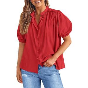Tankaneo Womens Puff Sleeve Button Down Shirts Cotton Pleated Loose Fit Tops Summer Dressy Casual Blouses XL, Red