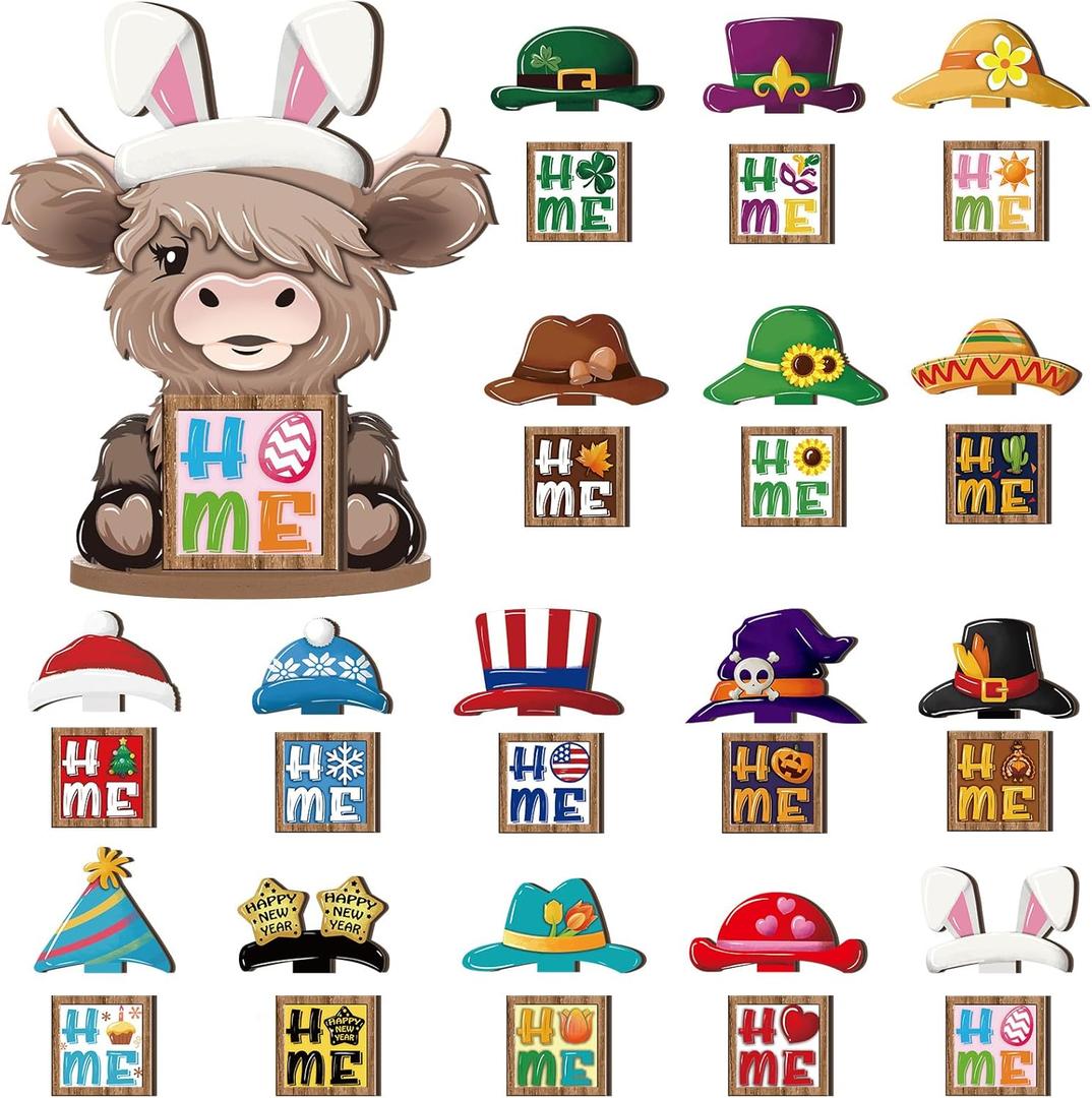 Menkxi Interchangeable Highland Cow Decor Seasonal Wooden Signs Farmhouse Book Stack Table Centerpiece with Holiday Tiered Tray Decor Gift for Party Kitchen Home Dining Table Decorations