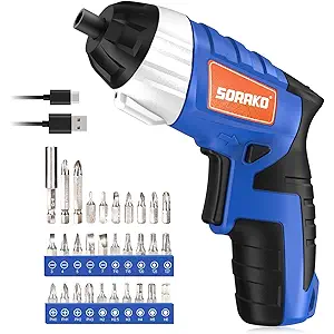 Electric Screwdriver, SORAKO Cordless Screwdriver Rechargeable 4V Max, Power Screwdriver with LED Light, 1300mAh Battery Screwdriver 6 Nm 30 PCS Screw Gun Accessories for Home DIY, Car Repair