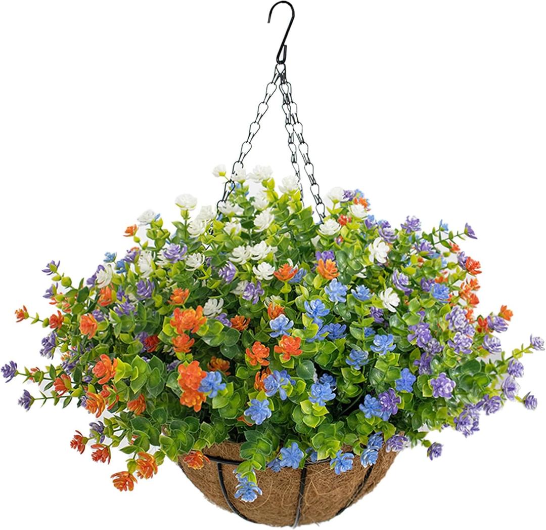 NETAP Artificial Hanging Flowers Basket for Outdoor, 16 Fake Flowers Look Real UV Resistant, Faux Hanging Plants for Porch, Balcony, Patio, Garden, Spring Summer Decor,MixA