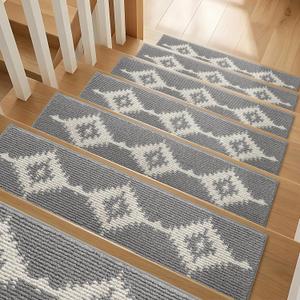 Stair Treads for Wooden Steps, Non-Slip Peel and Stick Carpet Stair Runner, Boho Pet Friendly Indoor Stair Protectors, Soft Washable Reusable,8x30 15Pcs,Grey