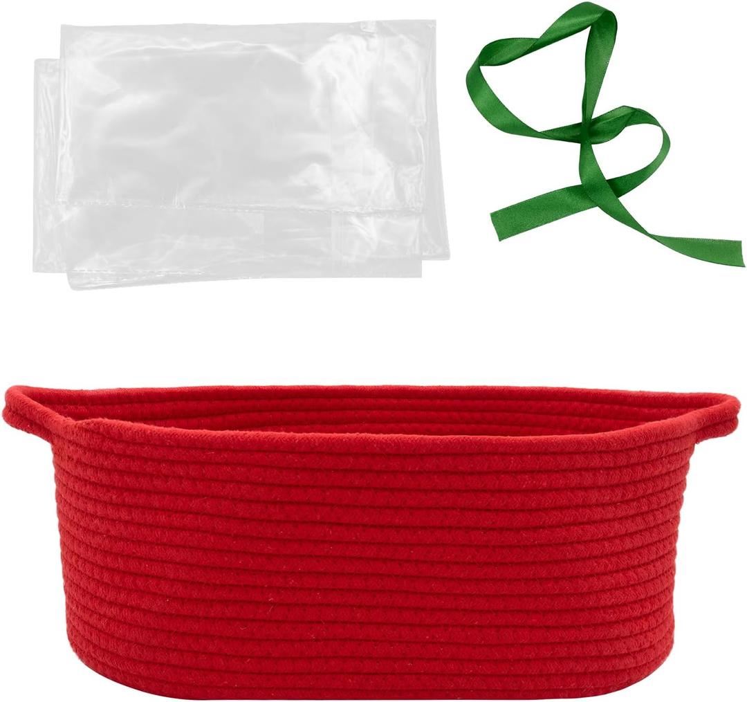 Woven Basket with Gift Bags and Ribbons, 14"X 10" X 6" Gift Storage Organizer Bin Shelf Shelves Cotton Rope Basket for Nursery, Pet Toys (Red)