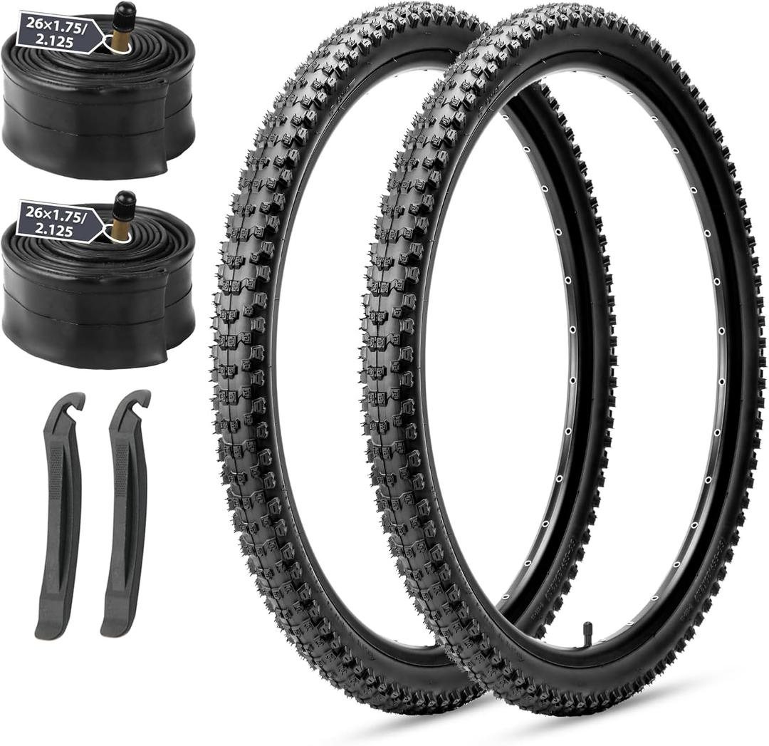 MOHEGIA Mountain Bike Tires Set: 2 Pack 26x2.1/27.5x2.1/ 29x2.1 Inch Folding Bicycle Tires Replacement and Pair 26/27.5/29 Inch Inner Tubes Schrader Valve with Tire Levers