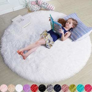 Amdrebio White Fluffy Round Rug 4Ft for Bedroom Aesthetic, Fuzzy Fur Circle Area Rugs for Living Room, Soft Plush Shaggy Shag Carpet for Nursery Dorm, Cute Kids Room Decor for Baby Toddler Teen Girls