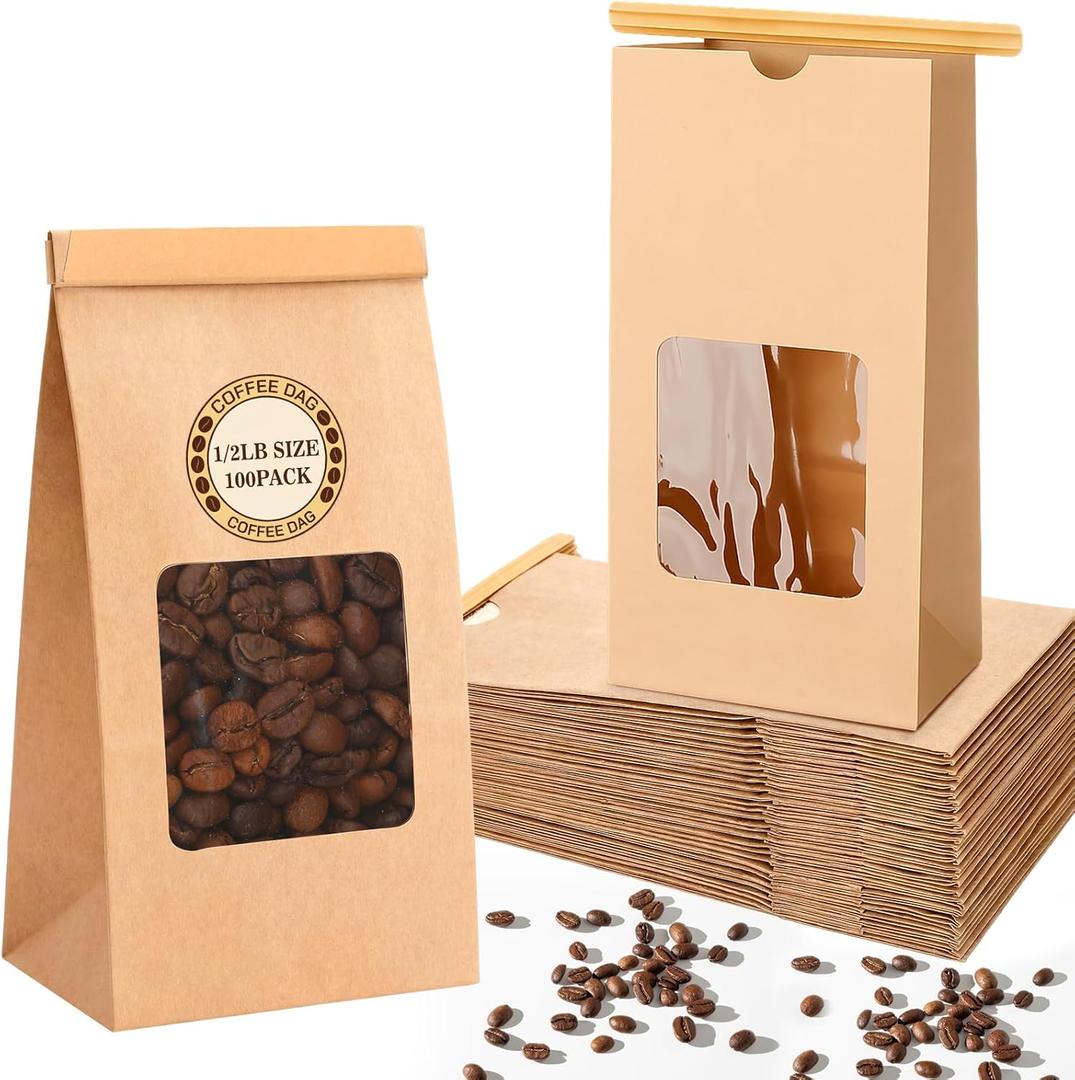 Ctosree 100 Pcs 1/2 lb Kraft Coffee Bags, Resealable Bakery Bags with Window Tin Tie Tab Lock Kraft Brown Paper Bag for Coffee Bean, Cookies, Treat, Snack, Treats