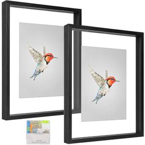MUYE 11x14 Floating Frames Set of 2,Double Glass Picture Frame Display Any Size Photo up to 11x14,Wall Mount or Tabletop Standing, Black