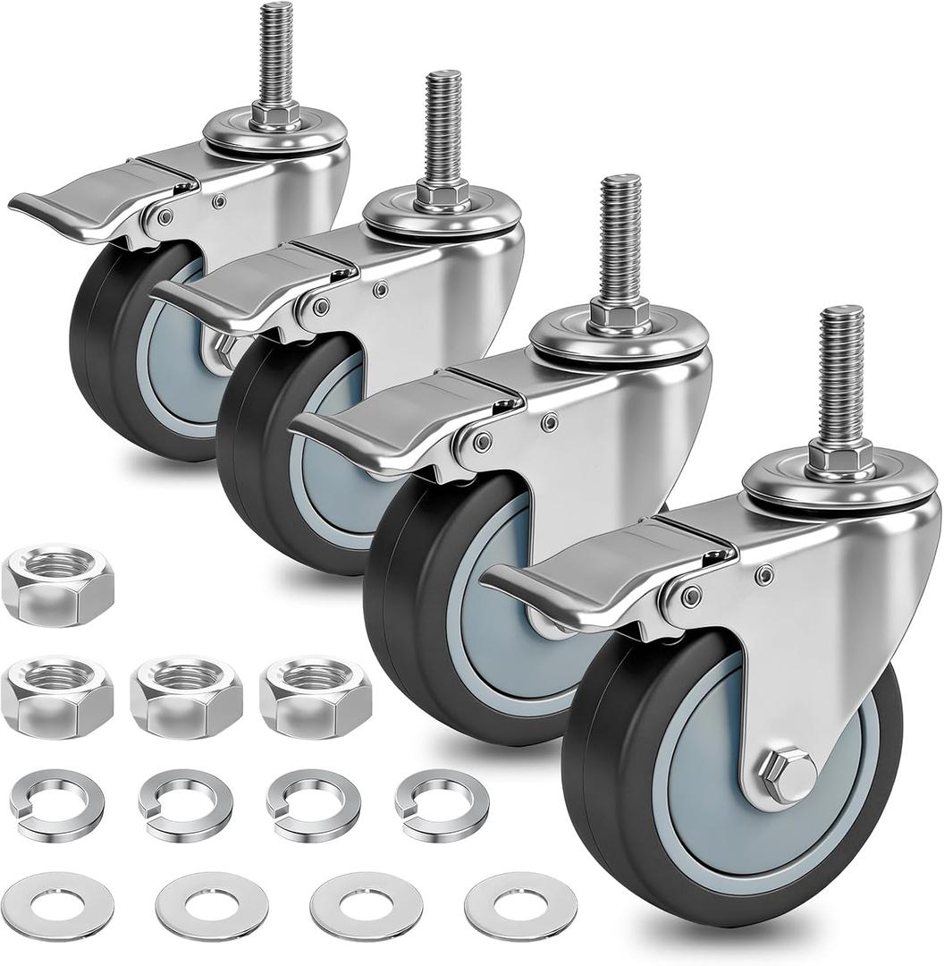 AAGUT 4 Inch Brake Stem Casters 1/2"-13x1-1/2, Swivel Stem Wheel, Replacement Caster Wheels Heavy Duty for Wire Shelving Racks Set of 4