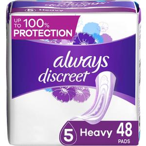 Always Discreet Incontinence Pads for Women and Postpartum Pads, Heavy, 48 CT, up to 100% Bladder Leak Protection