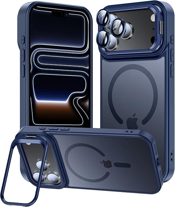 iPhone 17 Pro Max Case, Fits MagSafe, with Built-in Camera Ring Stand & Lens Protector, Slim Translucent Matte Military-Grade Drop Protection Magnetic Cover, Deep Blue