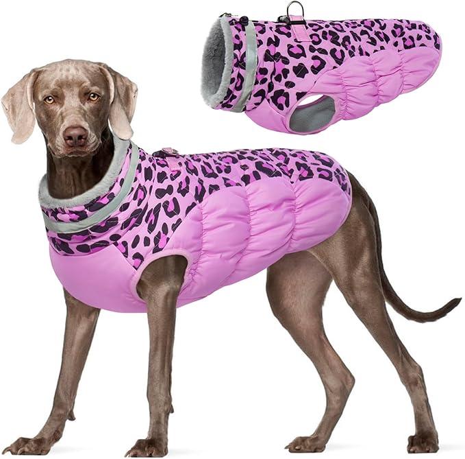 FUAMEY Dog Coat for Small Dogs,Waterproof Dog Winter Jacket with Harness Built in Puppy Cold Weather Coats Reflective Pet Vest with Zipper Warm Fleece Dogs Snowsuit Windproof Pink Leopard S