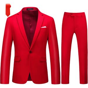 MOGU Men's Slim Fit 2-Piece Tuxedo Suit One-Button Jacket & Pants Set for Wedding, Prom, and Formal Events (34, Red)