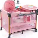 JOYMOR 7 in 1 Bedside Bassinet with Changing Table, Baby Girl Bassinet, Pink Bedside Sleeper with Mattress, Sheet, Canopy, Storage Shelf