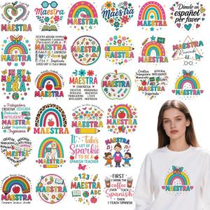 Spanish Teachers' Day Iron on Transfers - 30Pcs Falueqg Dtf Transfers Ready to Press, Espaol Maestra Iron on Decals Patches, Heat Sublimation Stickers for DIY Spanish Bilingual Teacher Gifts Tshirts