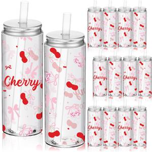 12 Pcs Cherry Pink Bow Plastic Cups with Lids and Straws Reusable Drinking Plastic Bottle for Cherry Birthday Party Decorations She's Ready to Pop Baby Shower Supplies