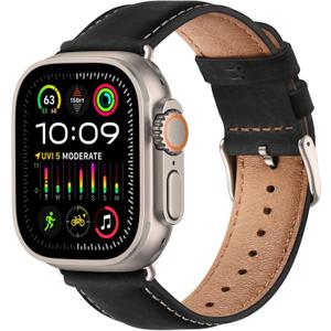 SUNFWR Leather Bands Compatible with Apple Watch Band 42mm(Series 3 2 1) 44mm 45mm 46mm 49mm for Men Women, Top Grain Genuine Leather Replacement Strap for iWatch Ultra 3 2 1, SE3 2 1, Series 11 10 9 8 7 6 5 4 3 2 1 (Black/Titanium)