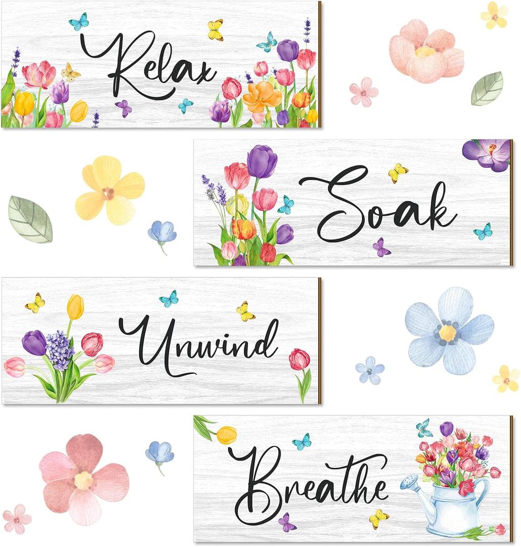 Sunnyray 4 Pcs Farmhouse Bathroom Wall Decor Sign Spring Daisy Tulip Flowers and Butterfly Bathroom Wall Art Relax Soak Unwind Breathe Rustic Wood Plaque Decor(9.8 x 4 inch,White)
