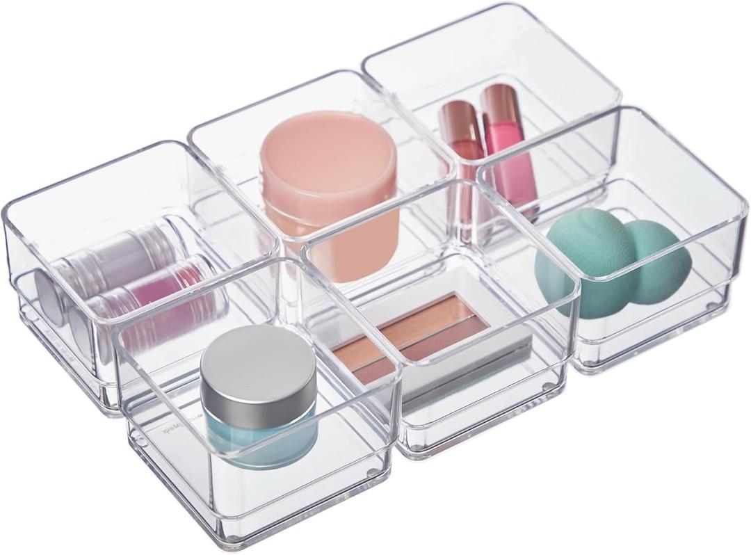 STORi SimpleSort 5-Piece Stackable Clear Drawer Organizer Set | 3" x 3" x 2" Square Trays | Small Makeup Vanity Storage Bins and Office Desk Drawer Dividers | Made in USA