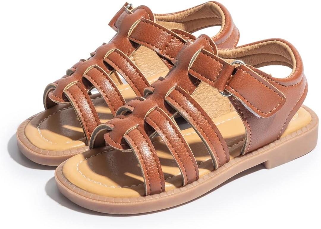 Toddler Girls Sandals Slip-On Open Toe Sandals Little Kid Non-Slip Soft Rubber Sole Princess Flat Shoes (7.5 Toddler, A04/Brown)
