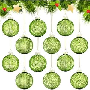 Jenaai 12 Pcs 2.36 Inch Lime Green Glass Christmas Ball Ornaments Vintage Christmas Tree Decorations Mercury Glass Hanging Ornaments for Trees Xmas Holiday Party Garland DIY Craft Supplies, 6 Style