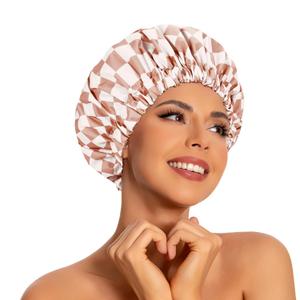Reusable Shower Caps for Women Waterproof, Large Luxury Washable Elastic Band Bath Hair Bonnet, Double Layer Stylish Shower Hat for Long Hair, Braids, Curly(Checkered)