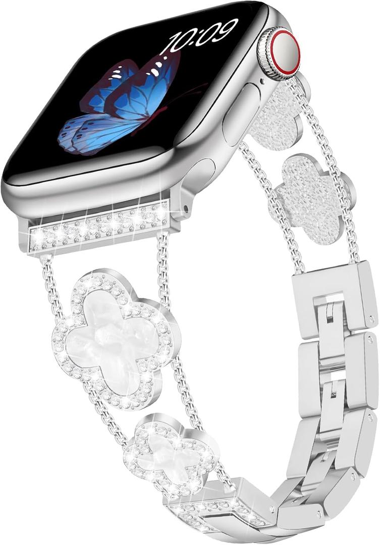 Tasikar Bling Diamond Women Band Compatible with Apple Watch Band 49mm 46mm 45mm 44mm 42mm 41mm 40mm 38mm Ultra SE Series 10 9 8 7 6 5 4 3 2 1 Lucky Clover Dressy Replacement Bracelet (Silver)