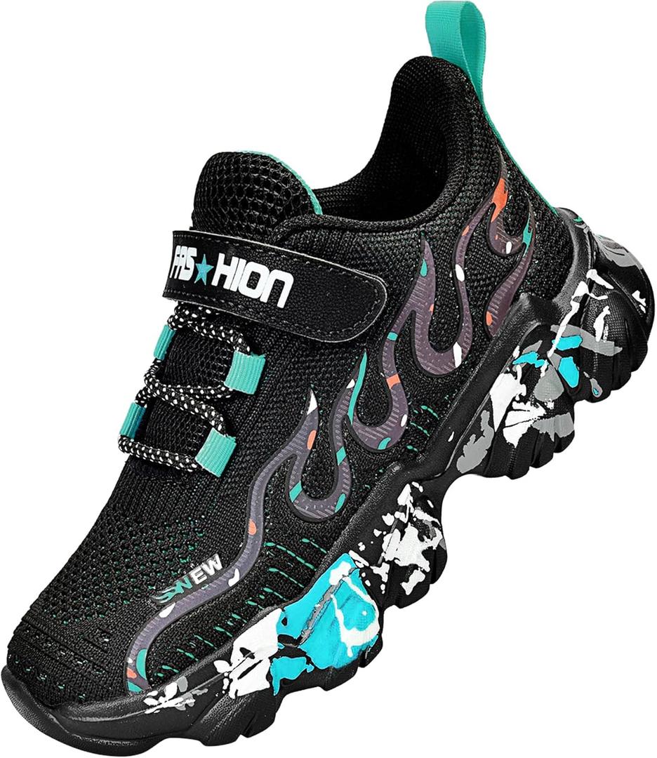 Boys Girls Sneakers Slip On Athletic Running Shoes (5.5 Big Kid, Black-blue)